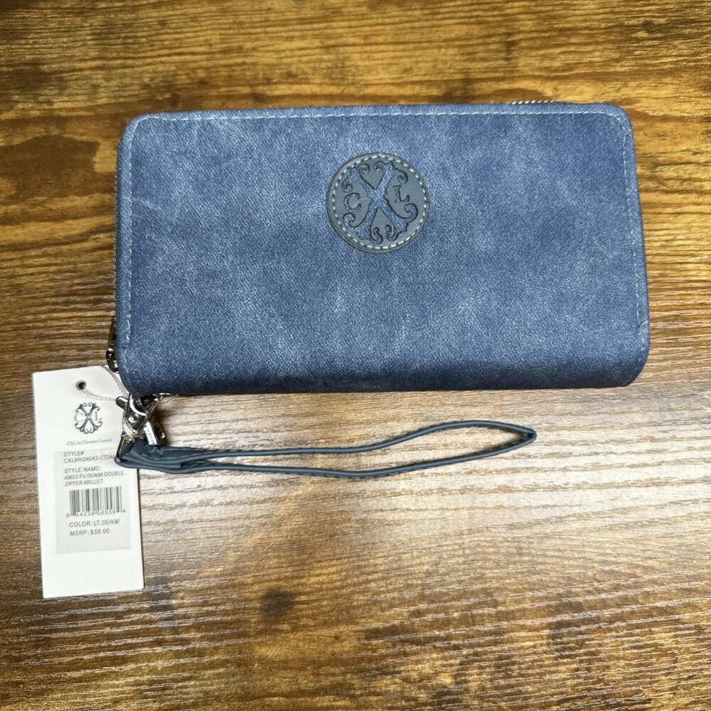 CXL Christian Lacroix Double Zipper Wallet Wristlet Denim Blue NWT NEW MSRP 58